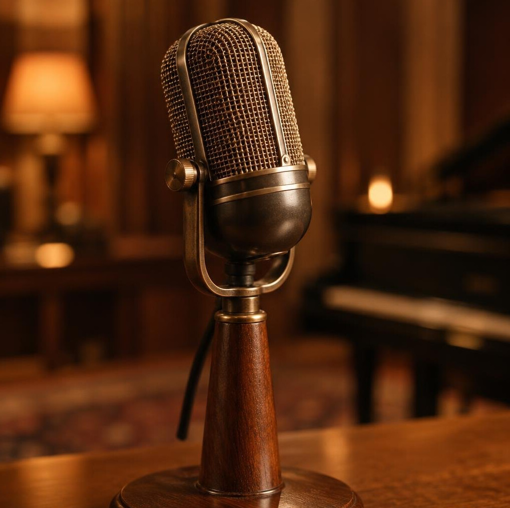 Close-up of a vintage microphone on a wooden stand in warm tones