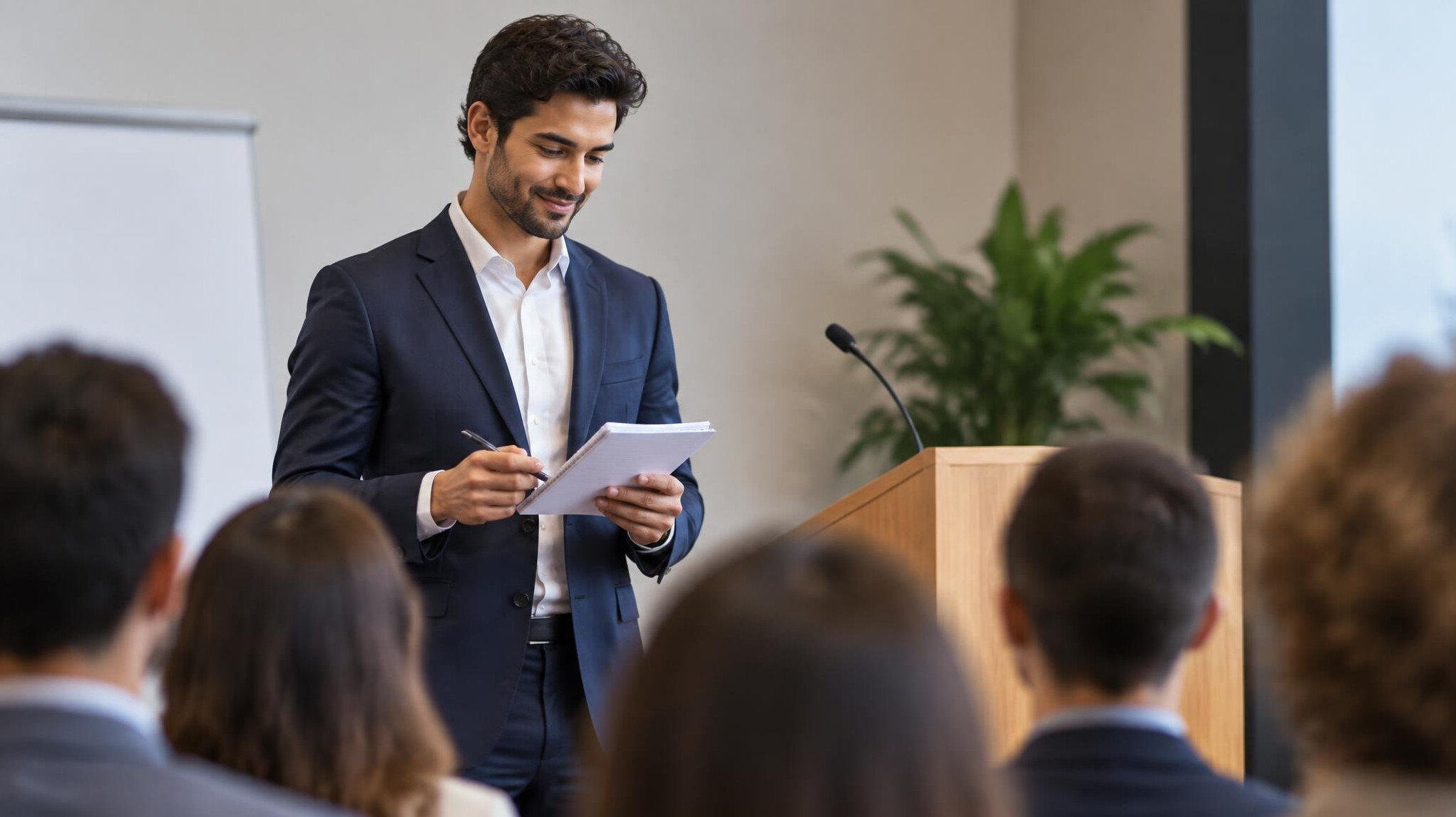 man preparing speech notes