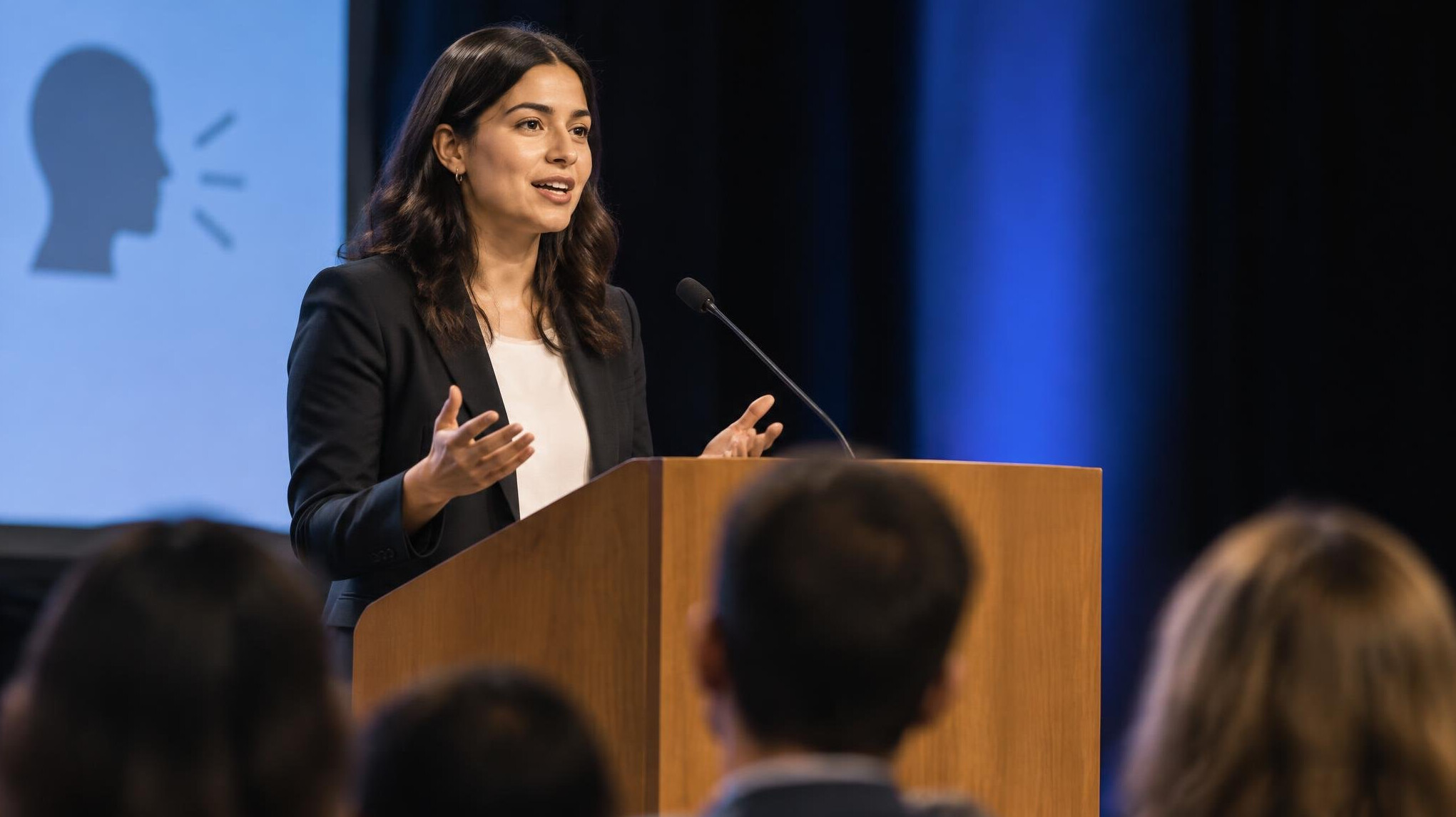 person giving speech on stage