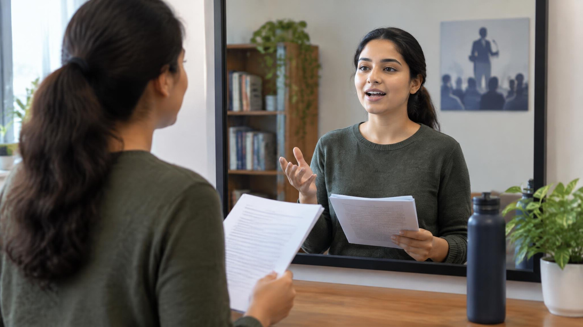woman practicing speech in mirror