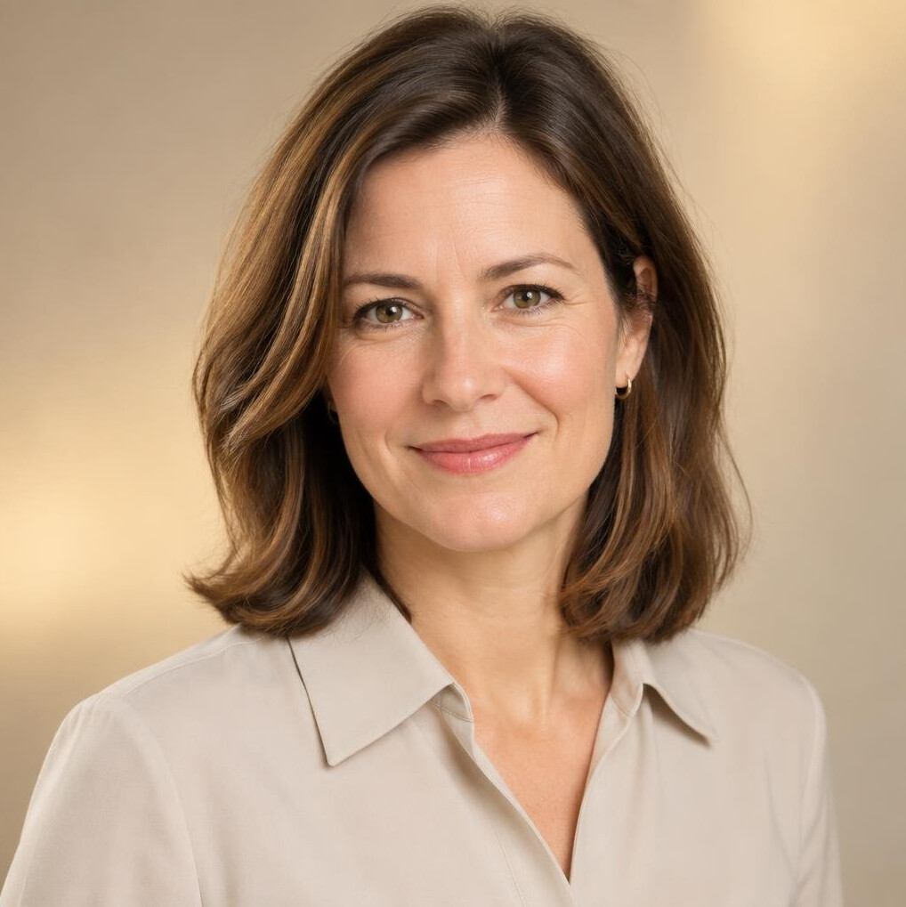 Studio portrait of a woman with shoulder-length hair smiling softly