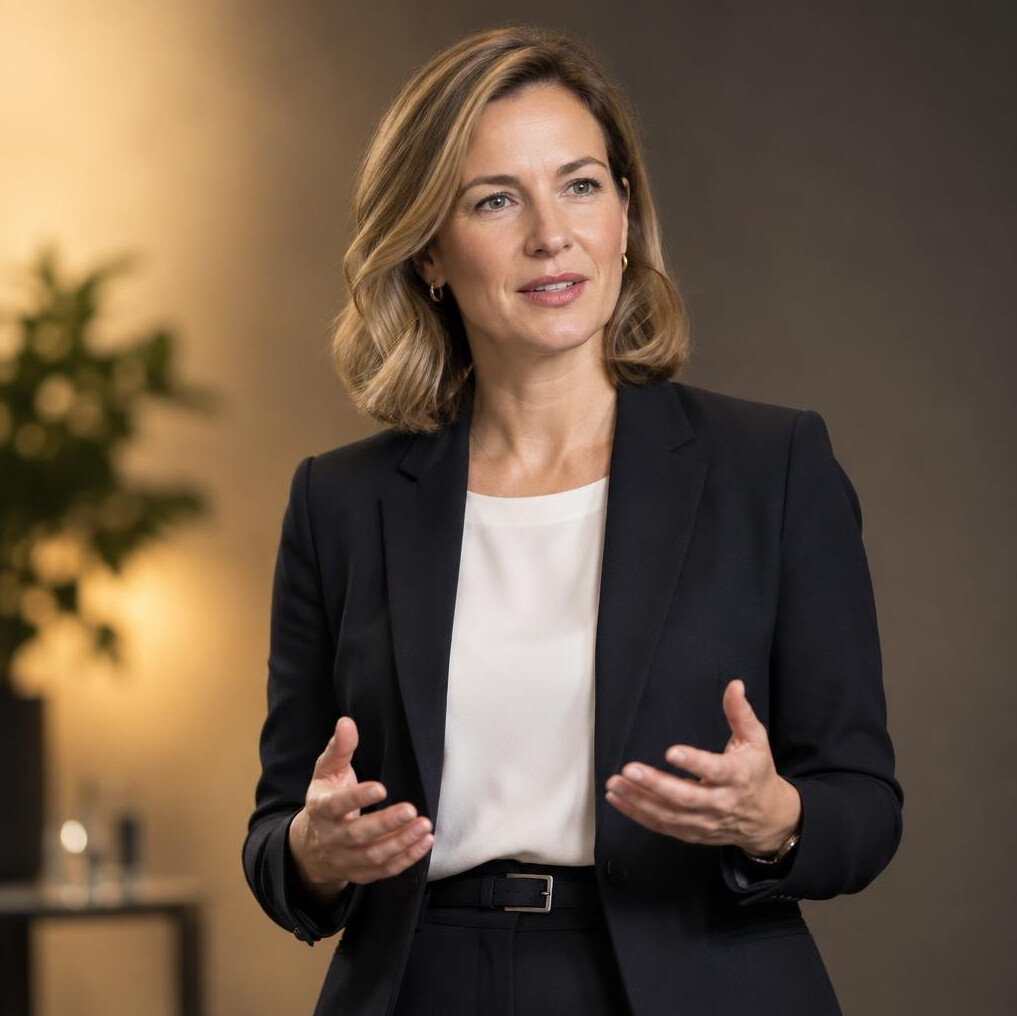 Confident woman speaking with an expressive gesture in a softly lit studio