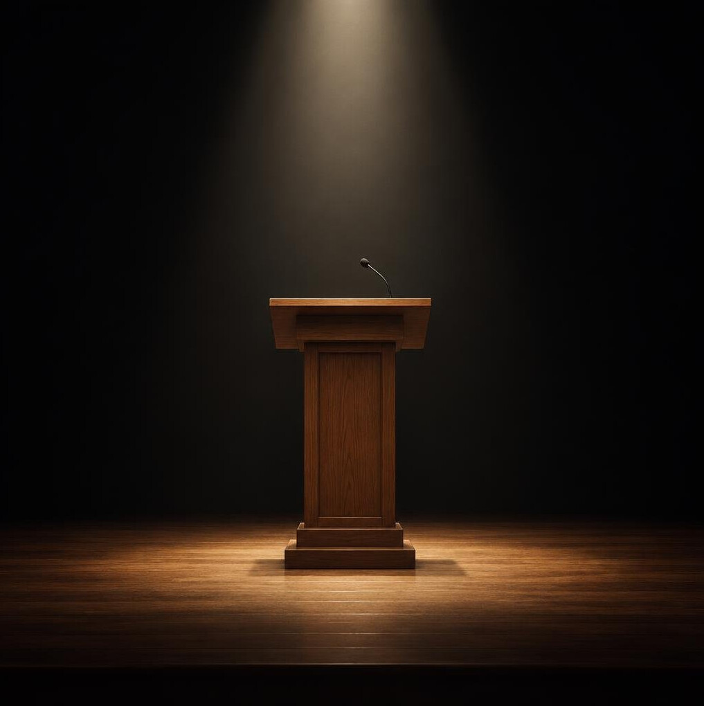 Wooden lectern illuminated by a soft spotlight on an empty stage