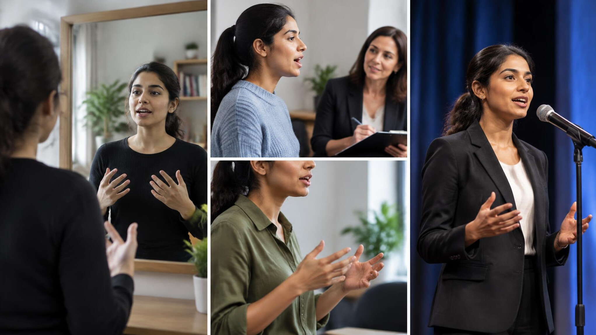woman practicing speech in mirror