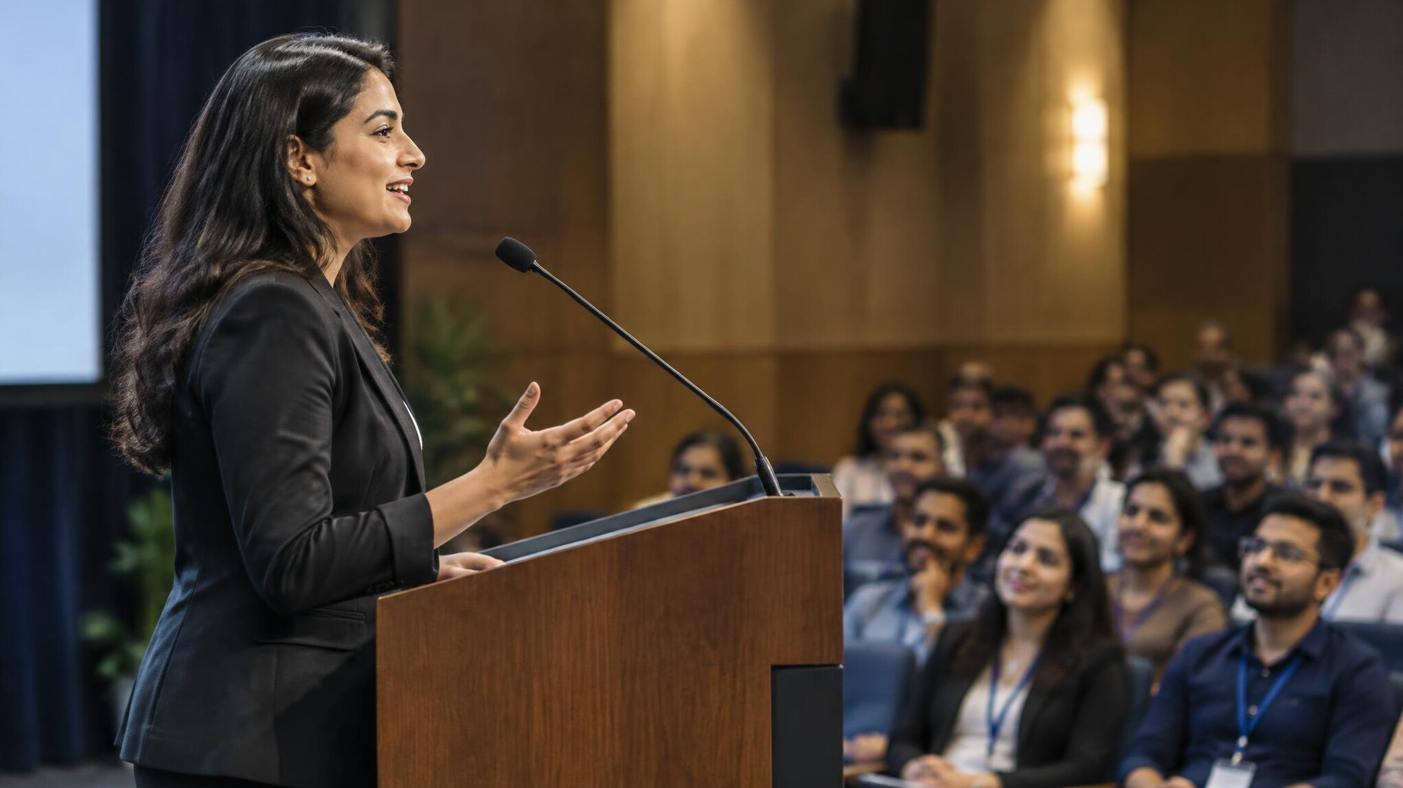 confident speaker on stage