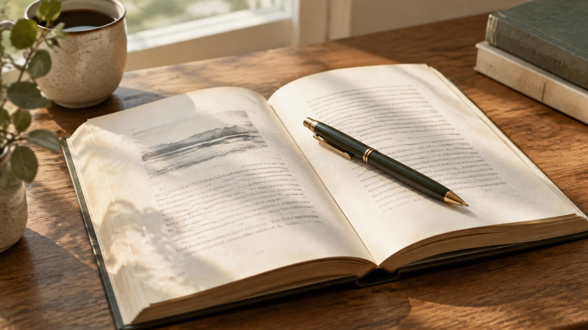 Open book with a pen resting on its pages in soft natural light