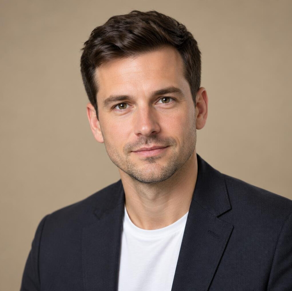 Studio portrait of a man with short dark hair in a tailored jacket
