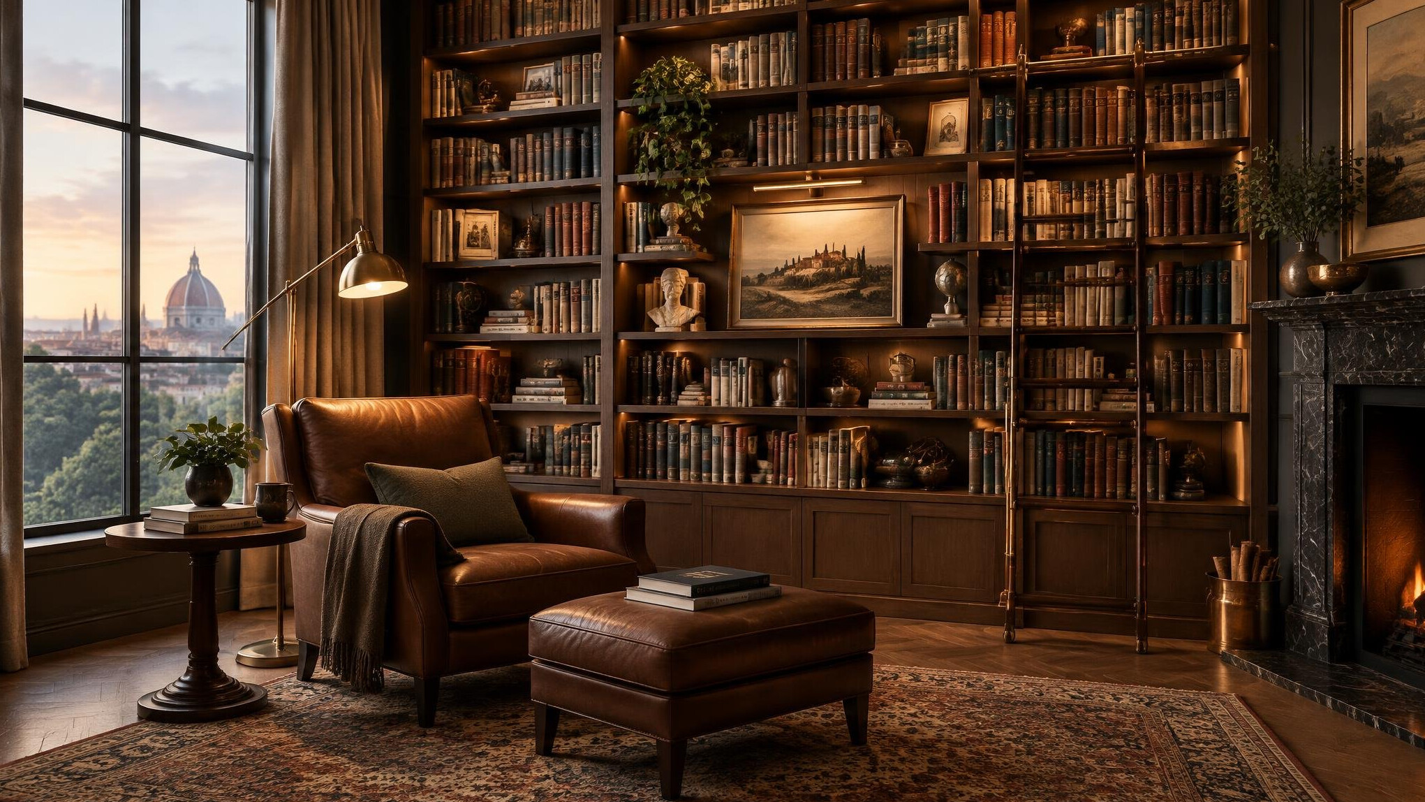 Elegant interior of a coaching studio with bookshelves and warm lighting