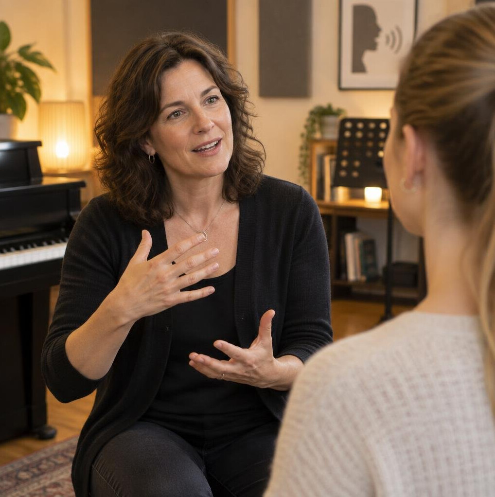 Coach gesturing while teaching a student in a warm studio setting