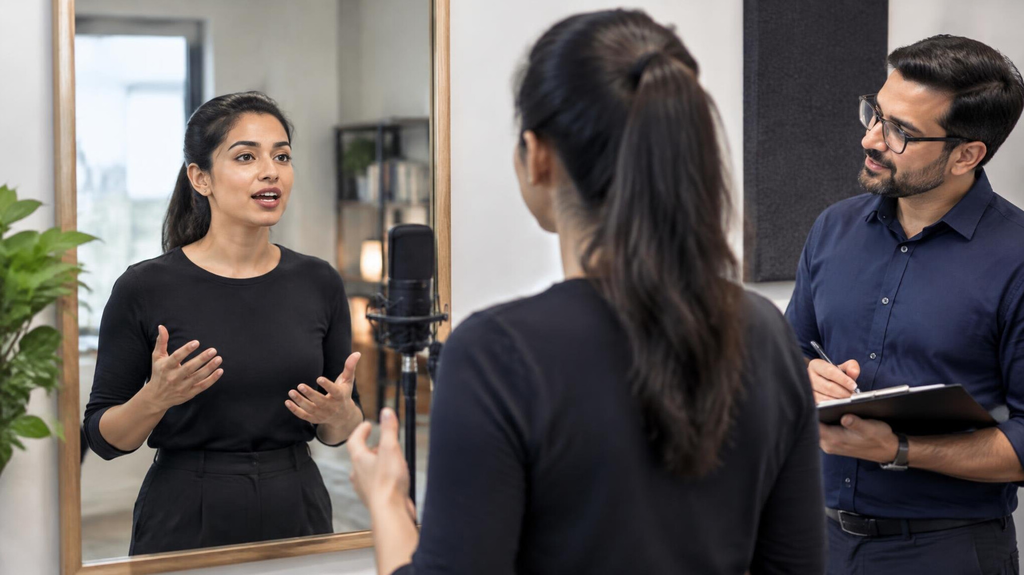person practicing speech in mirror
