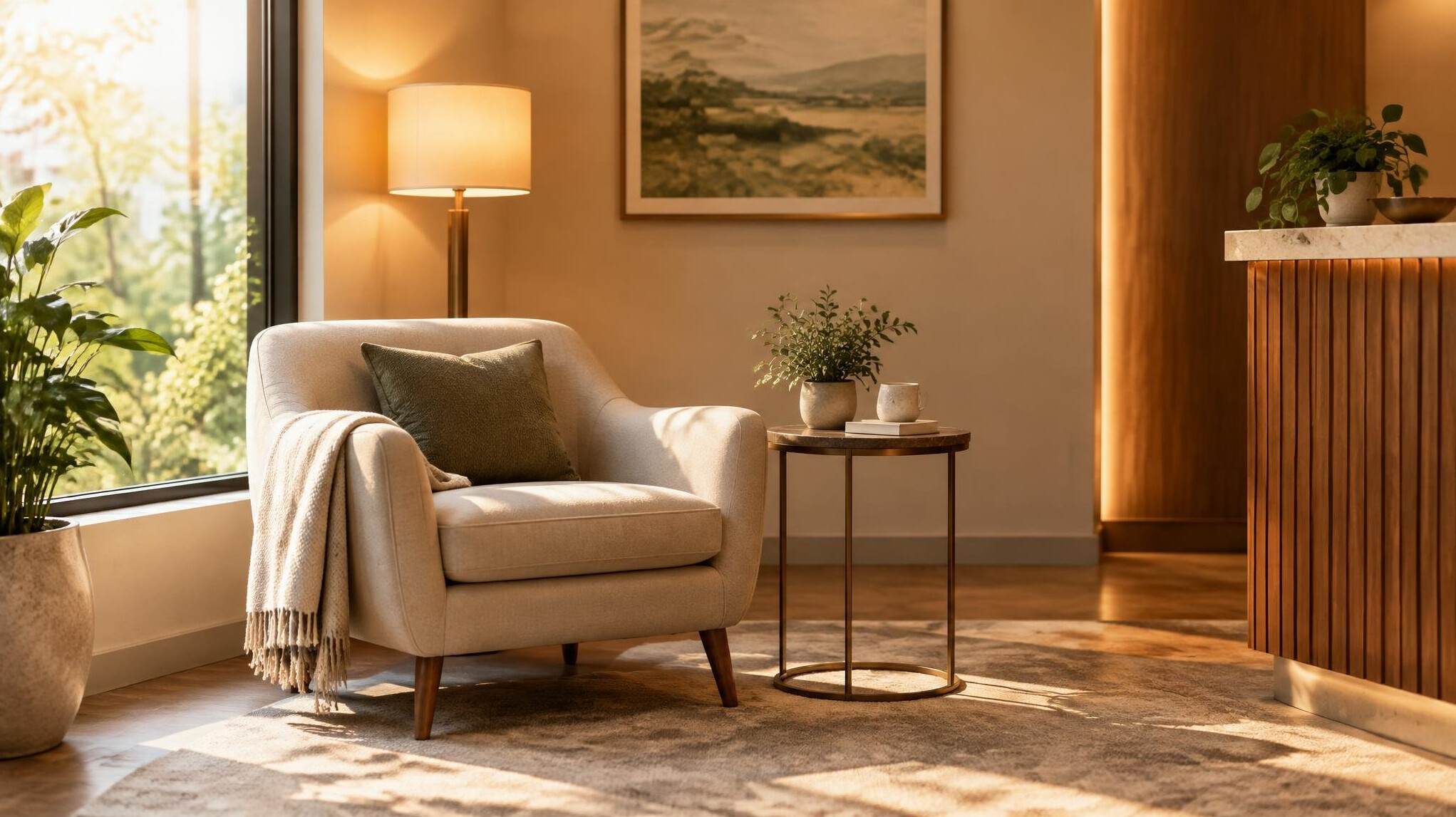 Elegant reception lounge with soft seating and warm ambient light