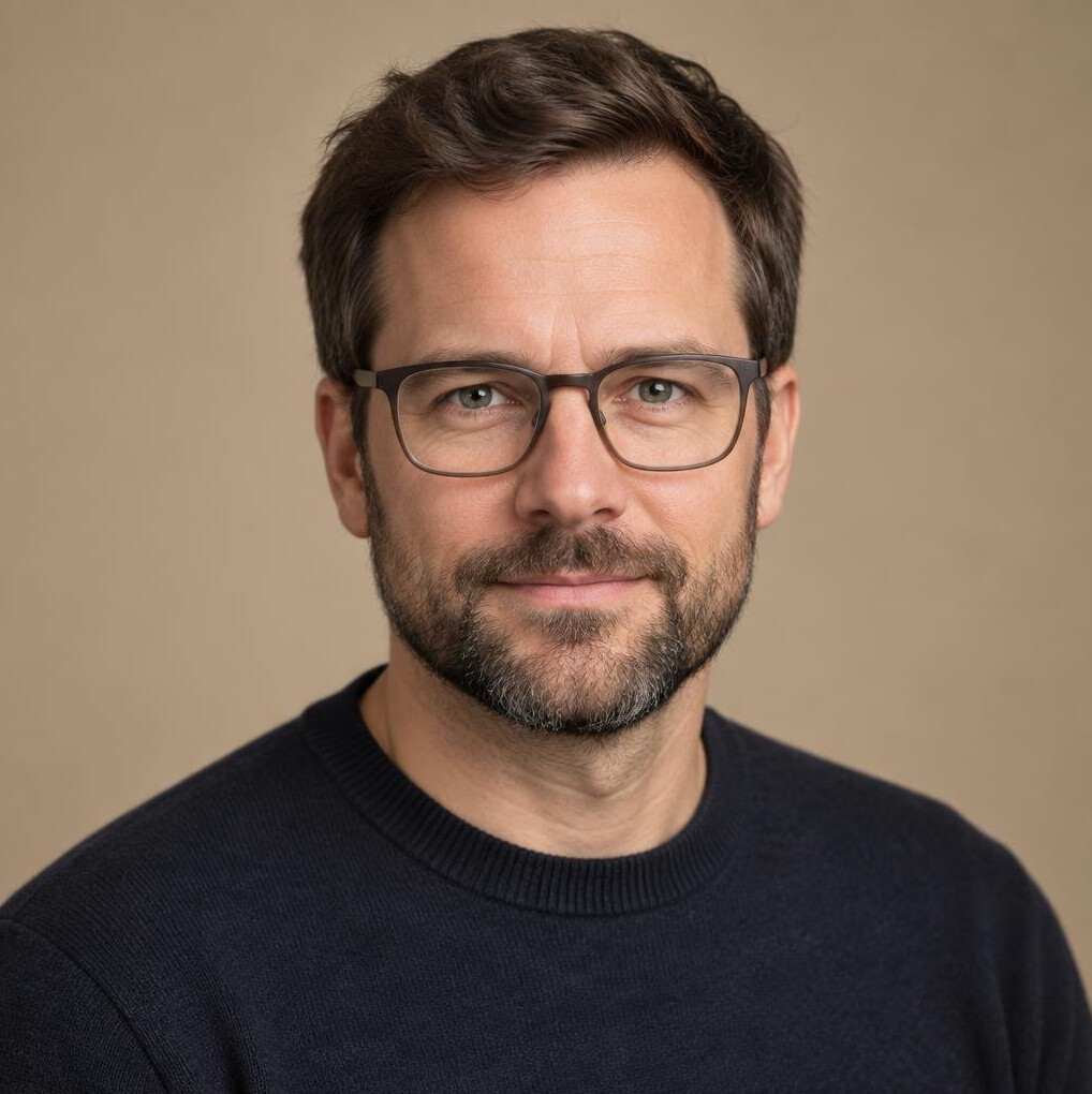 Studio portrait of a bearded man with glasses in a dark sweater