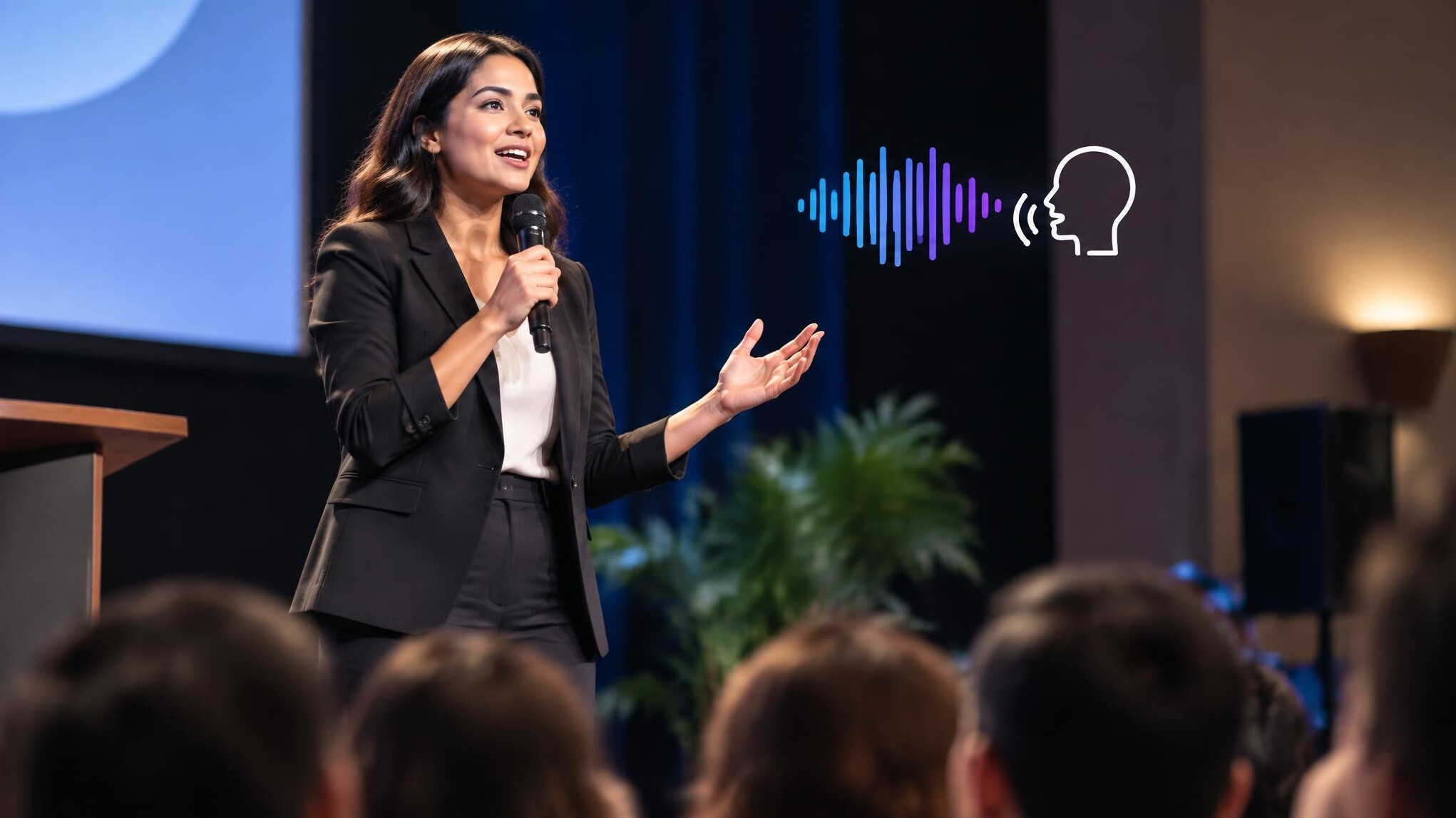 confident speaker on stage