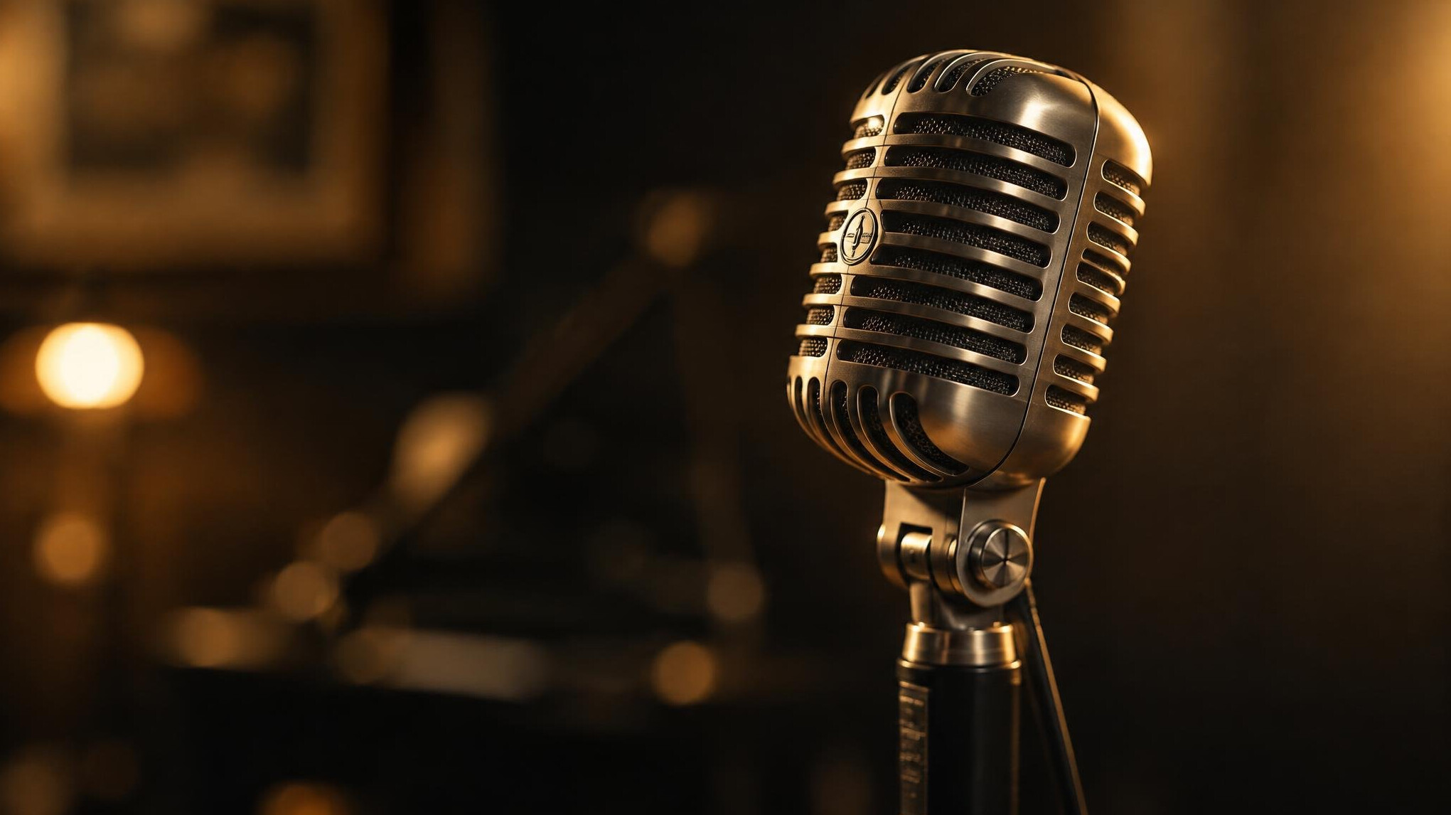 Vintage studio microphone on a stand in warm golden light