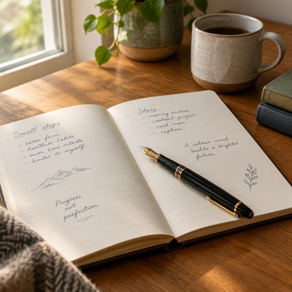 Open notebook with handwritten notes and a pen on a wooden desk