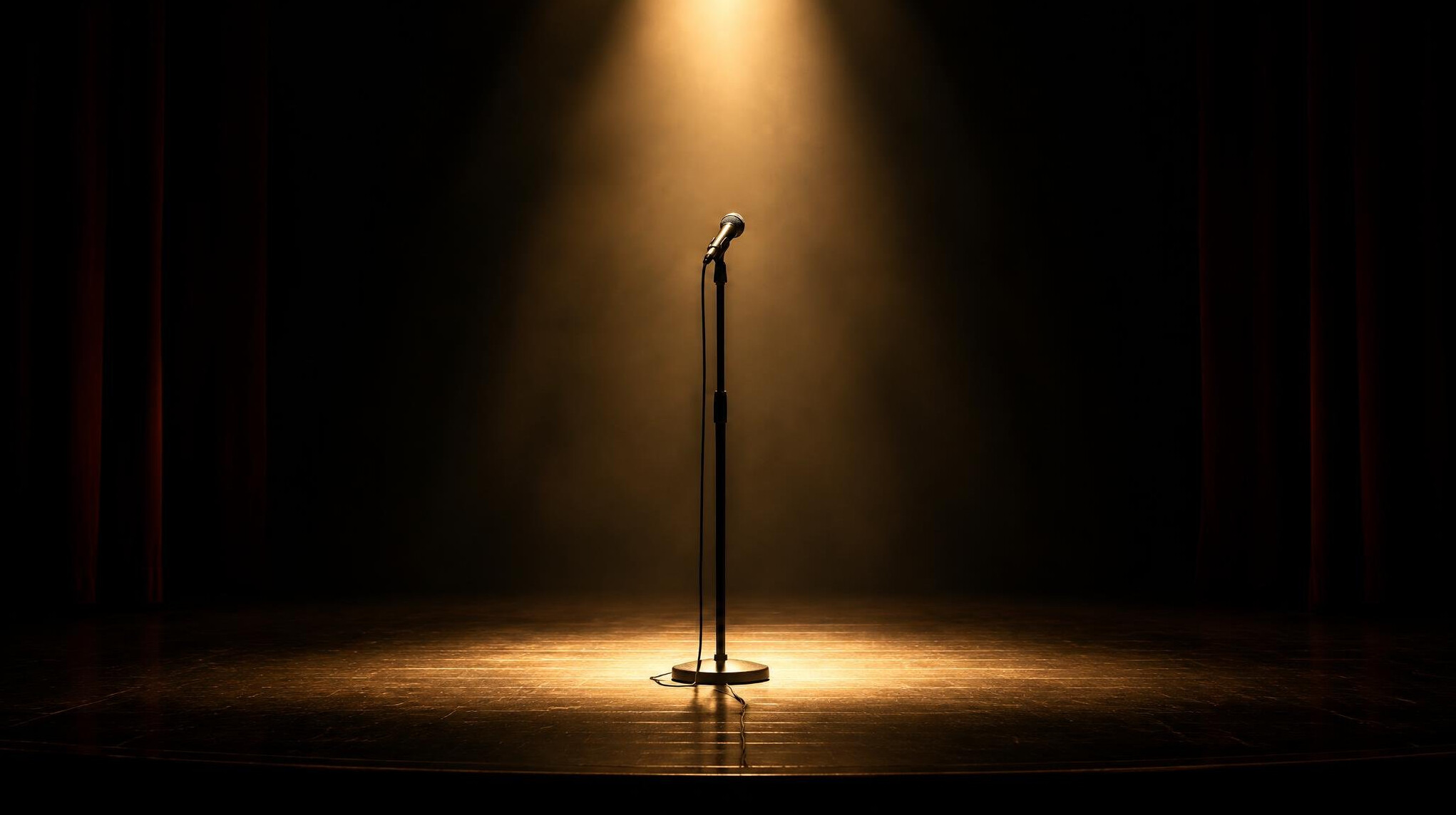 Dark stage with a single warm spotlight and a standing microphone