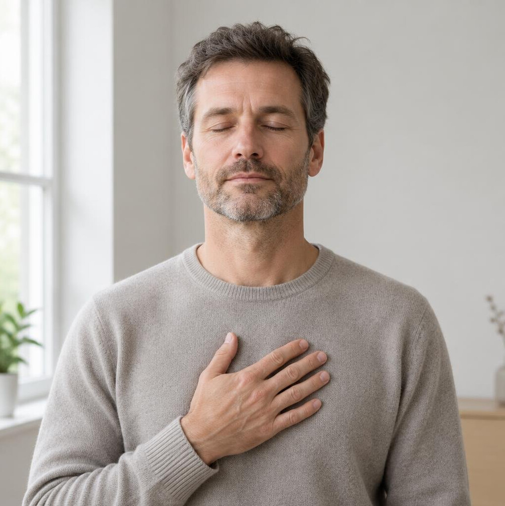 Man practicing conscious breathing with hand resting on his chest, eyes closed